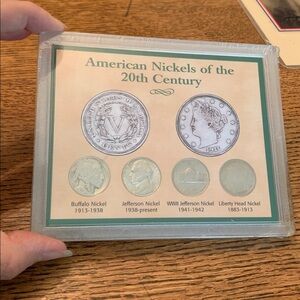 Set of 4 nickels, 1902, 1938, 1978 and 1 other US Mint coin collection plastic